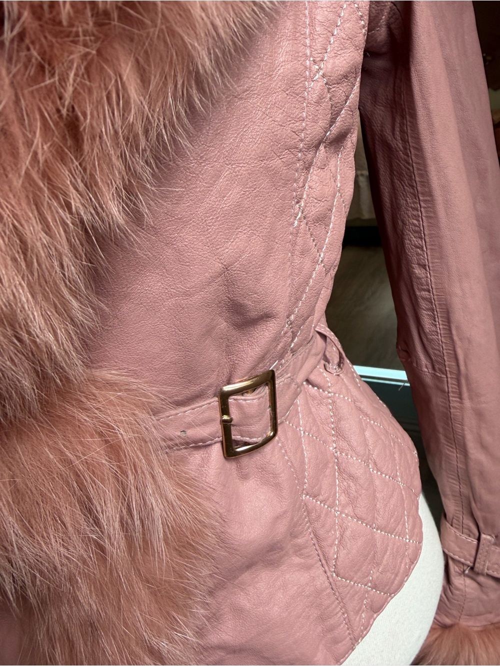 Vintage Pink sheep Leather Fox Fur Jacket XS Y2K Cropped - Picture 9 of 14